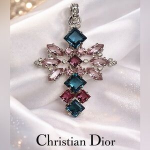 Christian Dior Vintage Cross Pendant With Multicolor Crystals & Certificate Of A